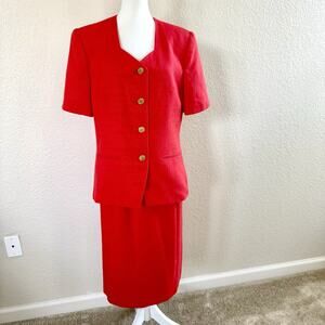 Kasper ASL Women Sz 12 Skirt Suit Set Coral Red Textured Short Sleeve Lined